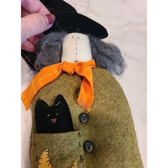 Folk Art Hanging Spooky Witch w Cat Felt Fabric Halloween Décor Primitive EUC - Picture 9 of 10